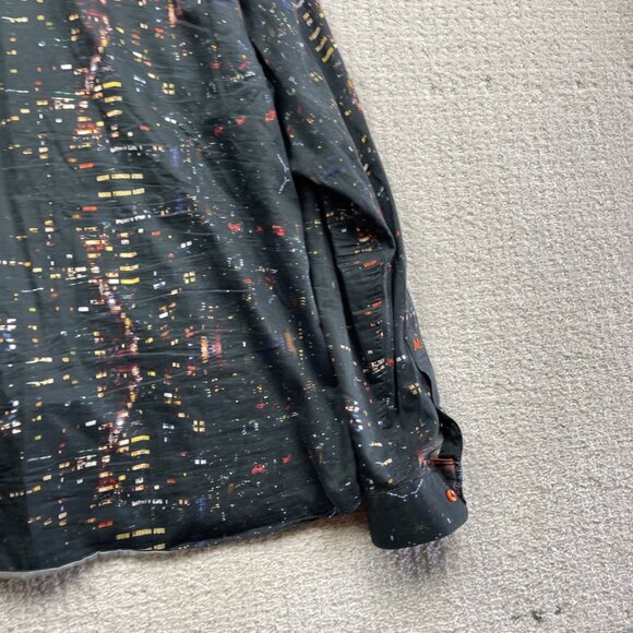 Au Noir Button Up shirt Men Sz 7 Black Colorful City Night Lights Landscape AOP - Picture 14 of 16